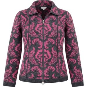 Mayser Zip Up Cardigan Women L Pink Charcoal Damask Wool Blend Vintage